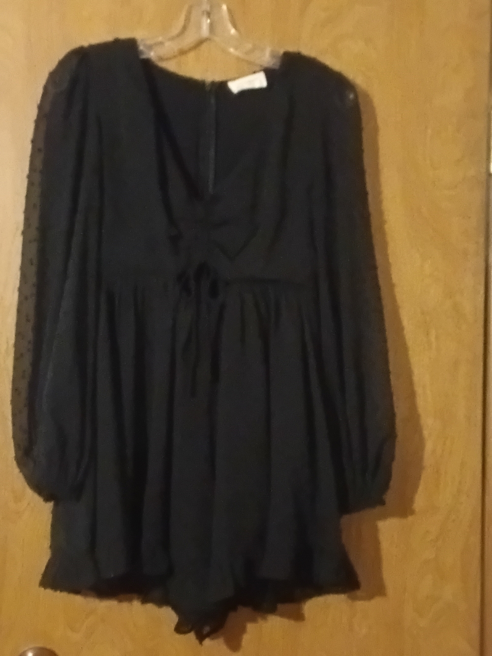 Black Long-Sleeve Mini Dress with Sheer Dot Sleeves